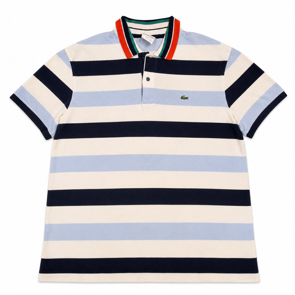 Lacoste Striped Pique Polo Shirt Blue Navy White Orange Collar Men's Size 7 XL